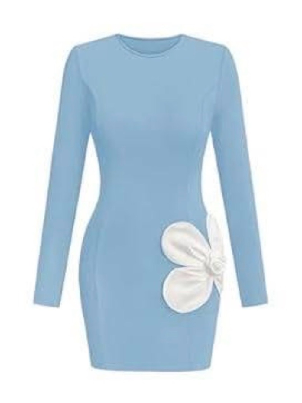 Light Blue Long Sleeve Bodycon Dress with White Floral Accent